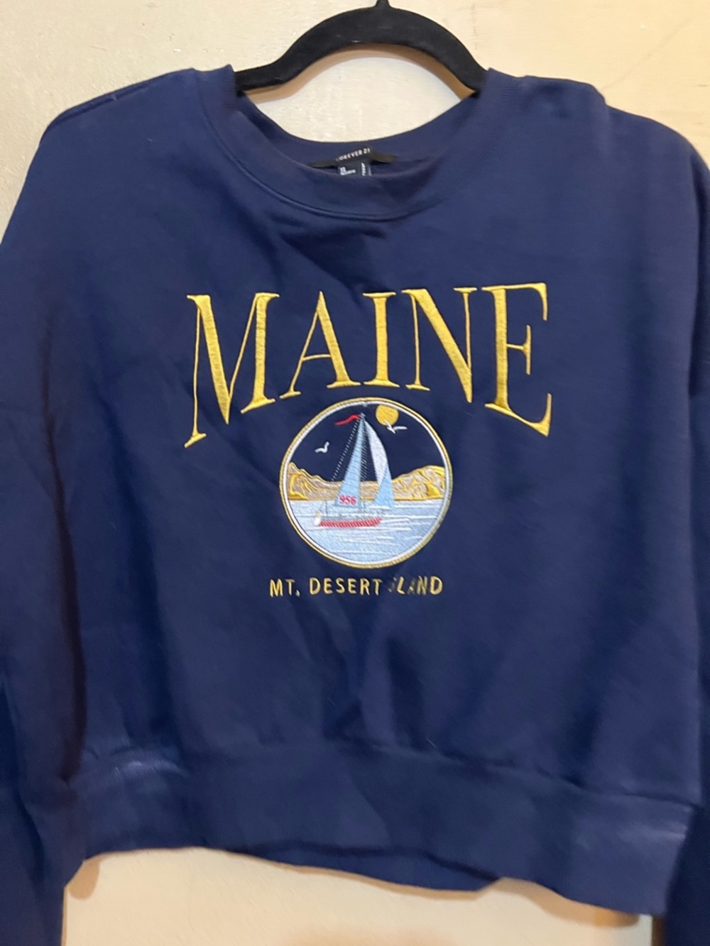 Forever 21 Navy Crop Sweatshirt with Yellow Maine Sail Graphic - Picture 2 of 5
